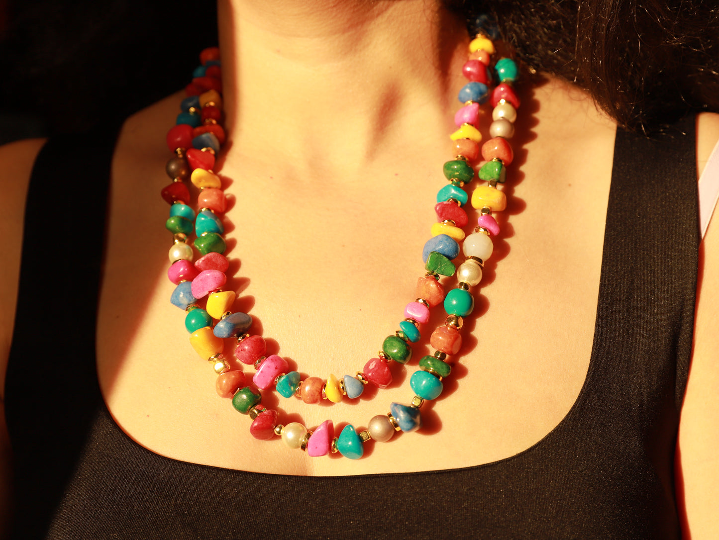 Fiesta Gems – Chunky Multicolor Gemstone Necklace with Gold Accents