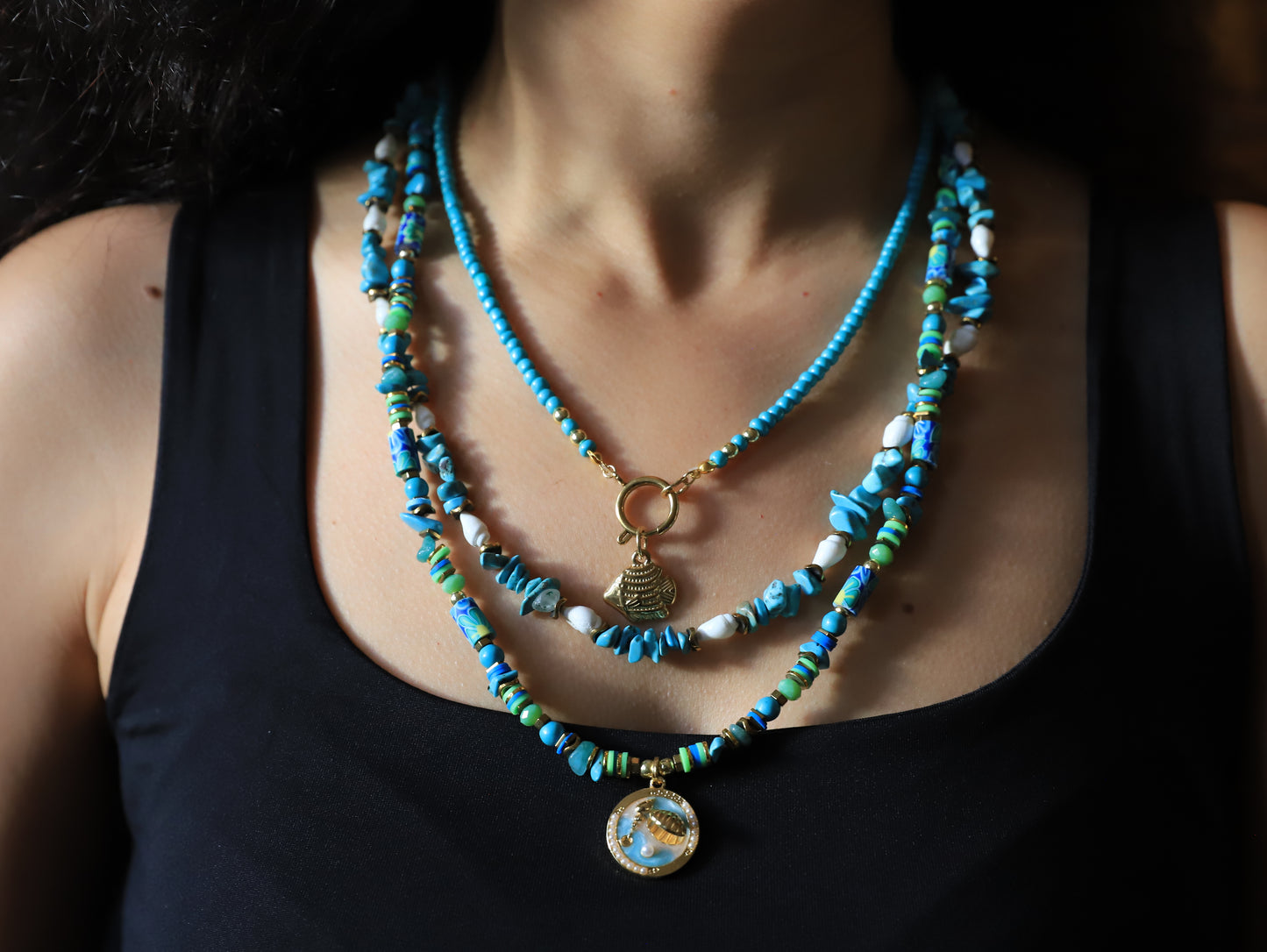 Blue Tides – Layered Ocean-Inspired Necklace with Turquoise Beads & Charms