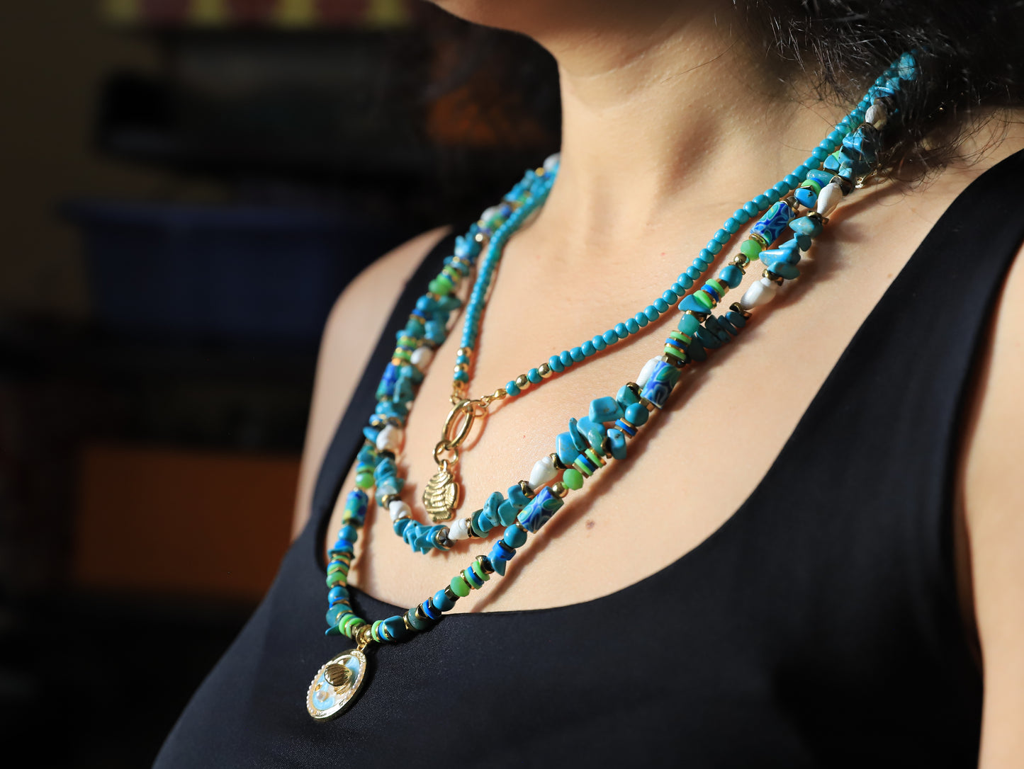 Blue Tides – Layered Ocean-Inspired Necklace with Turquoise Beads & Charms