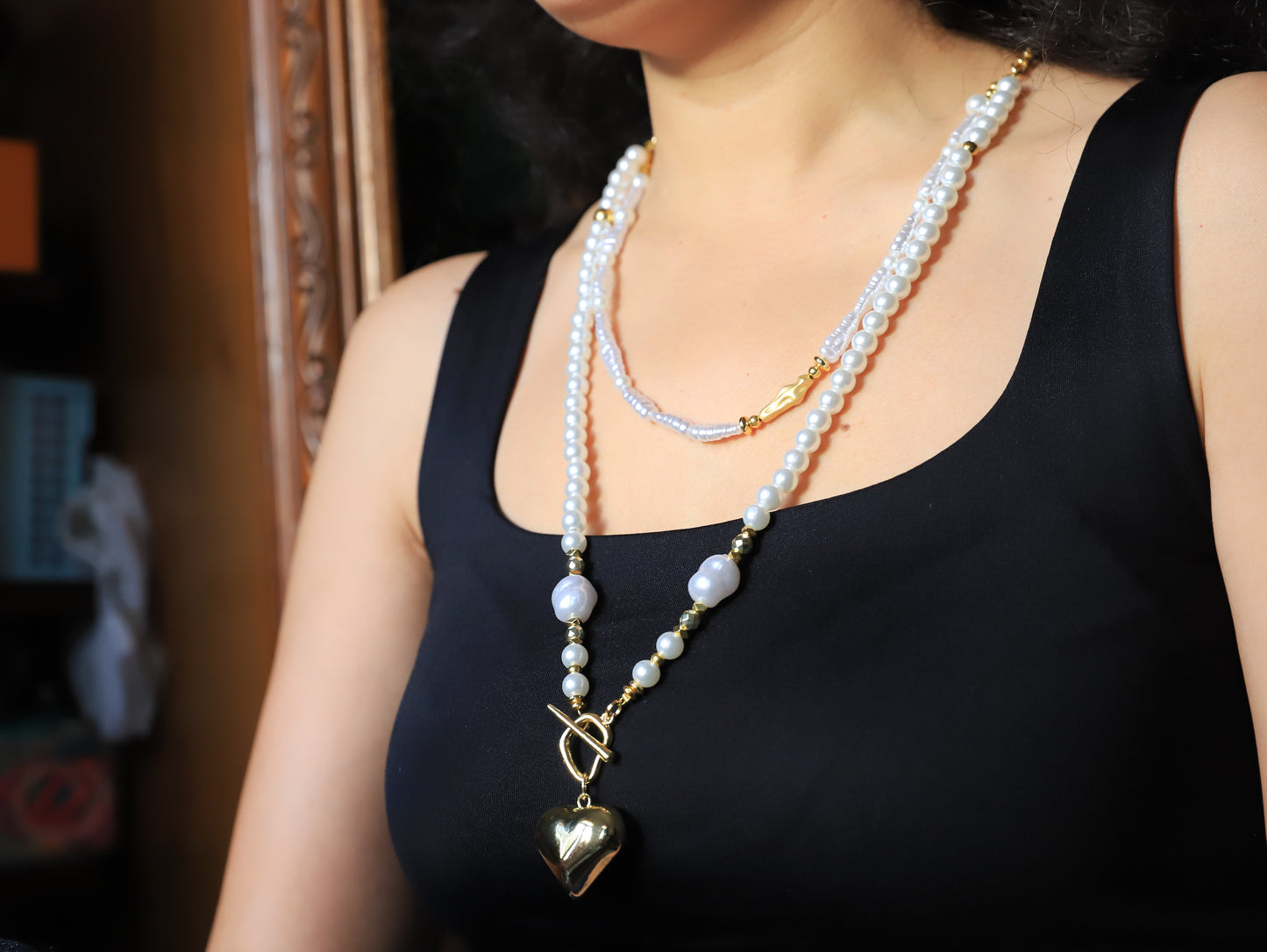 Golden Heart – Pearl Necklace with Bold Gold Heart Pendant