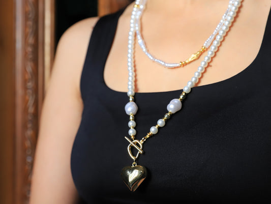 Golden Heart – Pearl Necklace with Bold Gold Heart Pendant
