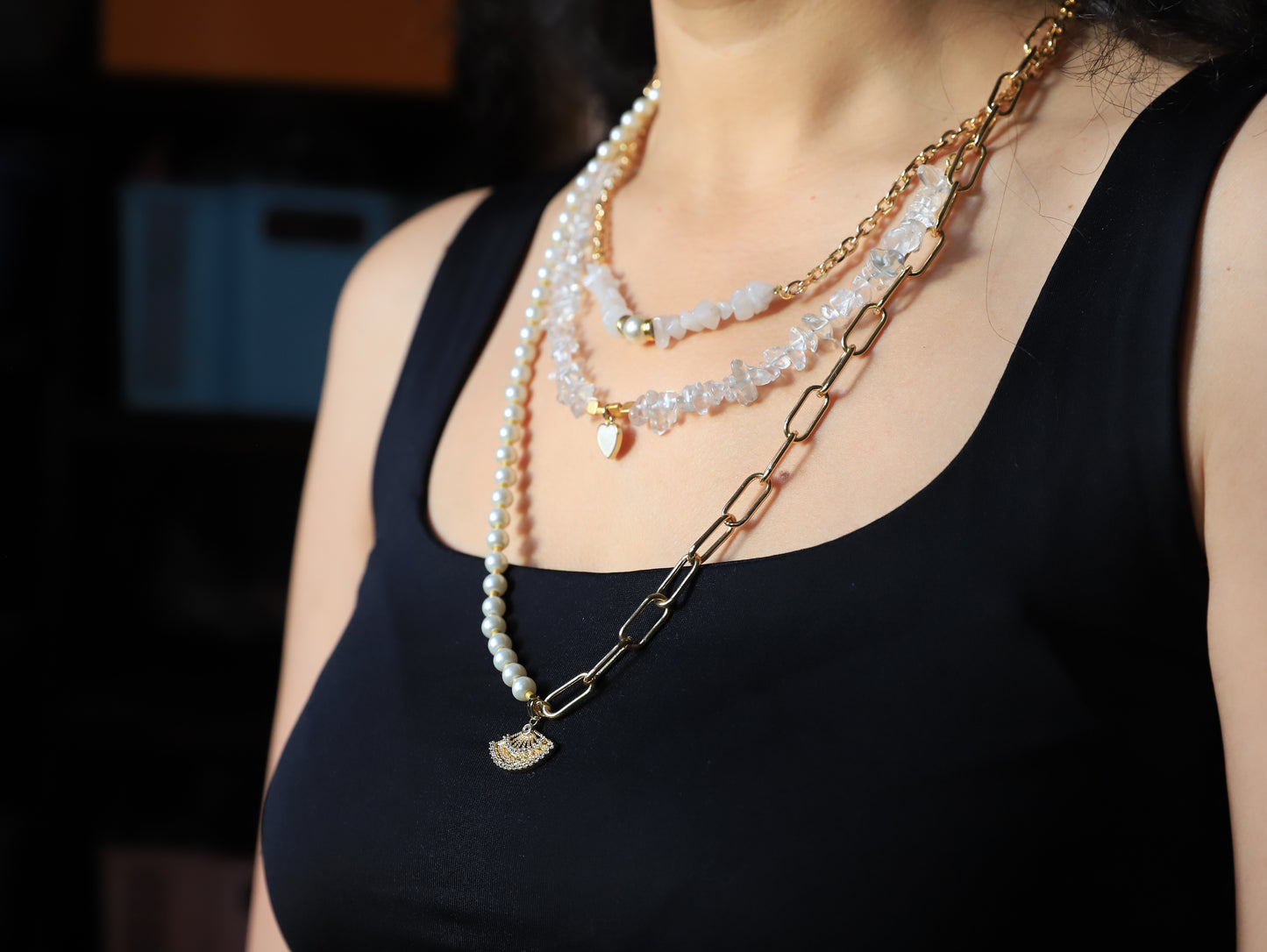 Crystal Muse – Layered Necklace with Pearls, Crystals & Gold Chain