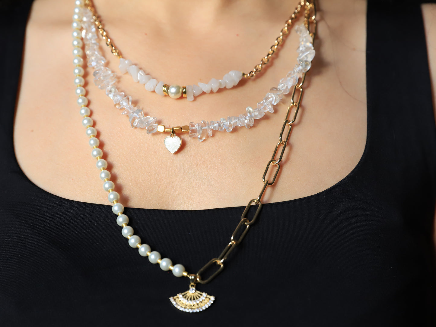 Crystal Muse – Layered Necklace with Pearls, Crystals & Gold Chain
