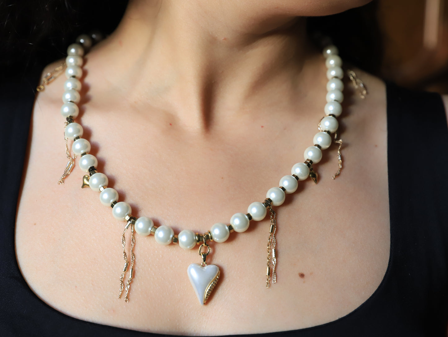 Moonlit Heart – Pearl Necklace with Gold Chain Tassels & White Heart Pendant