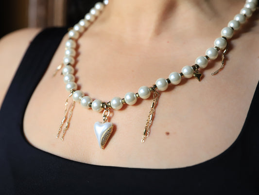Moonlit Heart – Pearl Necklace with Gold Chain Tassels & White Heart Pendant