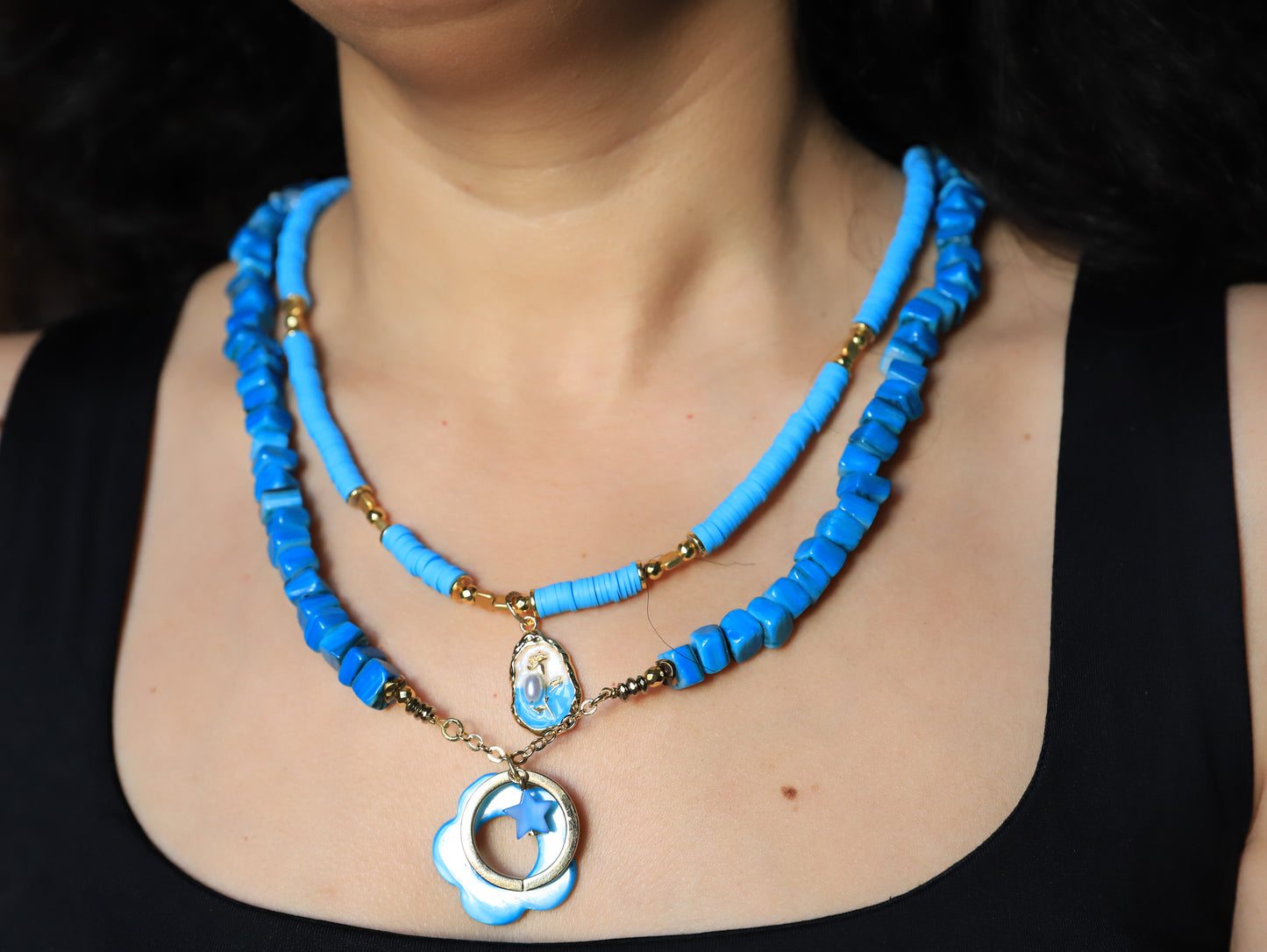 Azure Crescent – Turquoise Necklace with Star & Crescent Charms