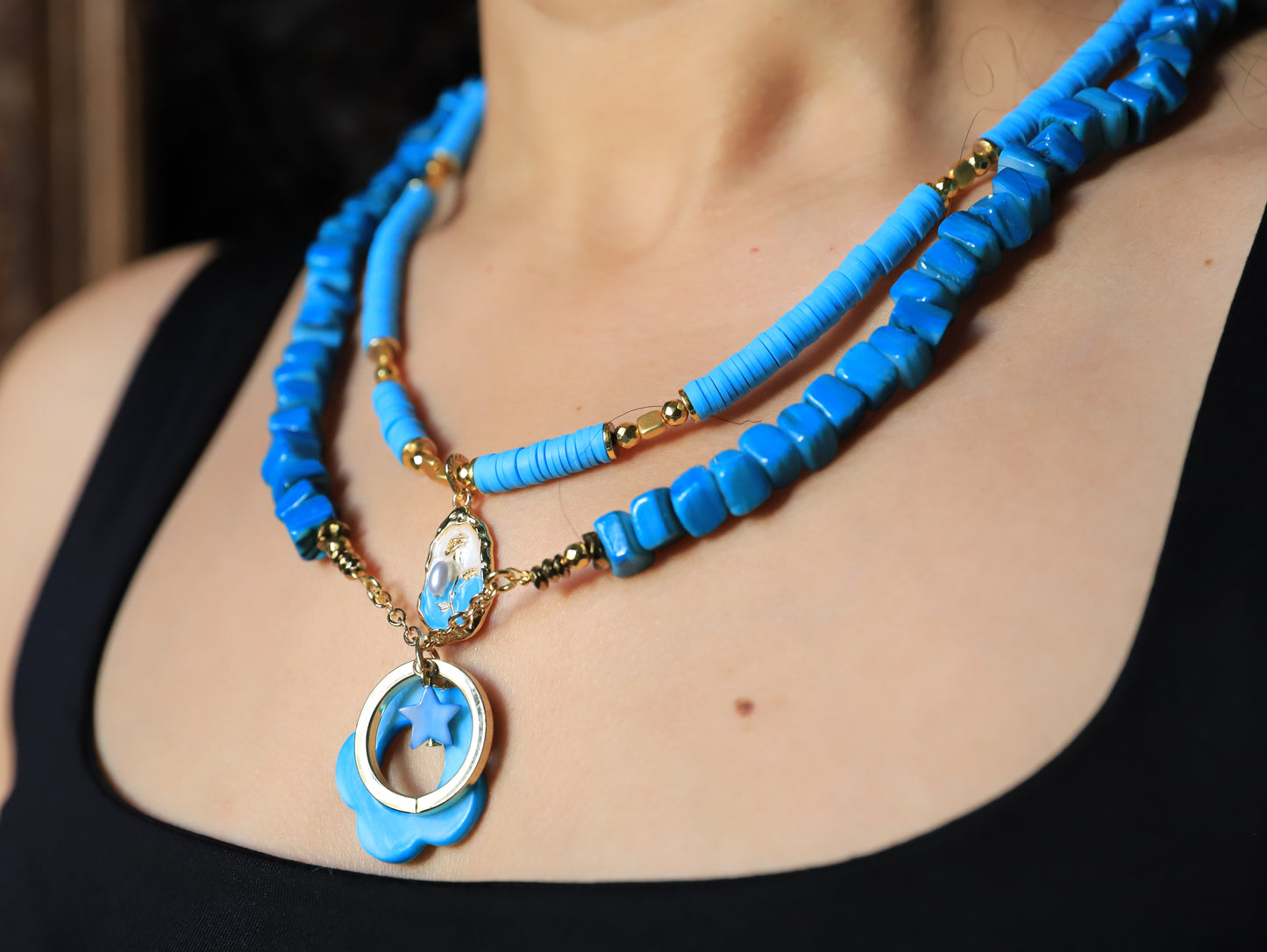 Azure Crescent – Turquoise Necklace with Star & Crescent Charms