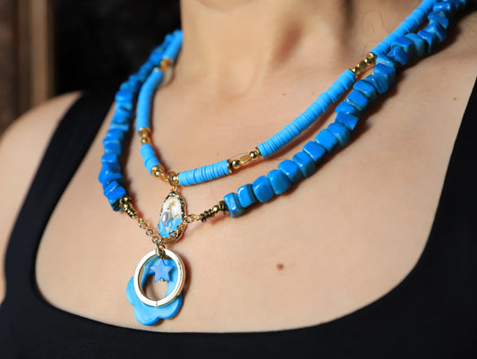 Azure Crescent – Turquoise Necklace with Star & Crescent Charms