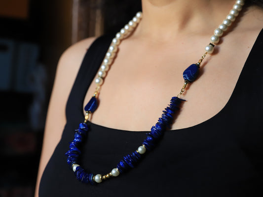 Midnight Tide – Pearl & Lapis Necklace with Gold Accents