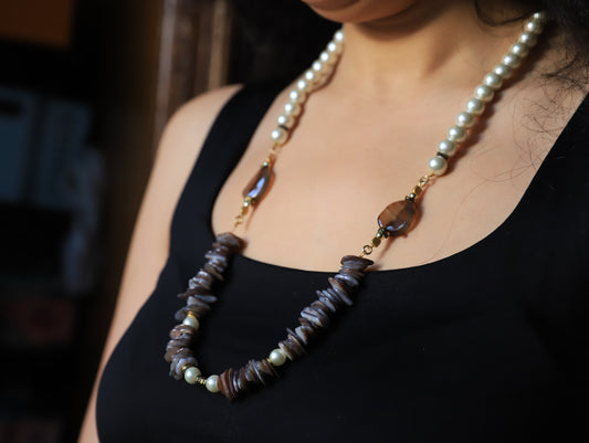Twilight Harmony – Pearl & Smoky Agate Necklace with Amber Accents