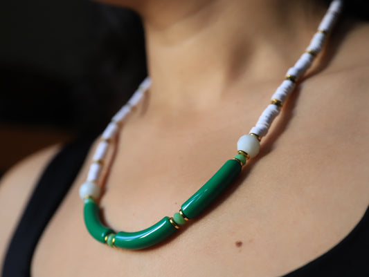 Emerald Frost – Green & White Bead Necklace with Gold Accents