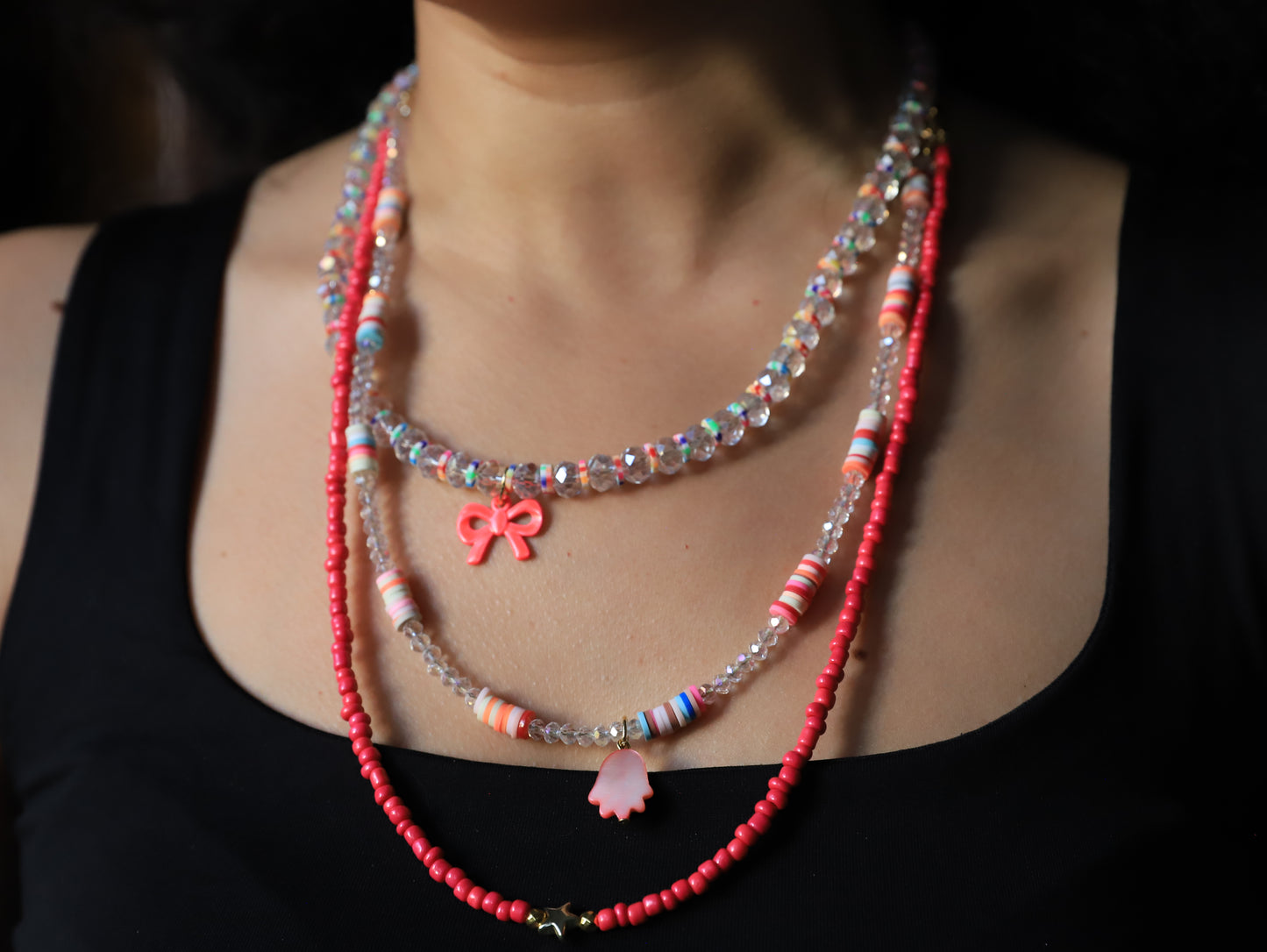 Coral Candy – Multi-Strand Bead Necklace with Bow & Shell Charms