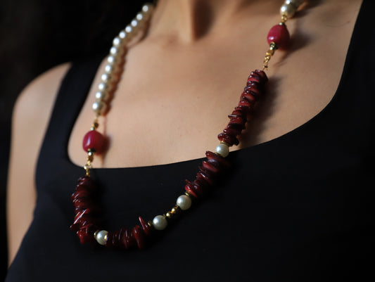 Crimson Reef – Pearl & Red Coral Necklace with Gold Accents