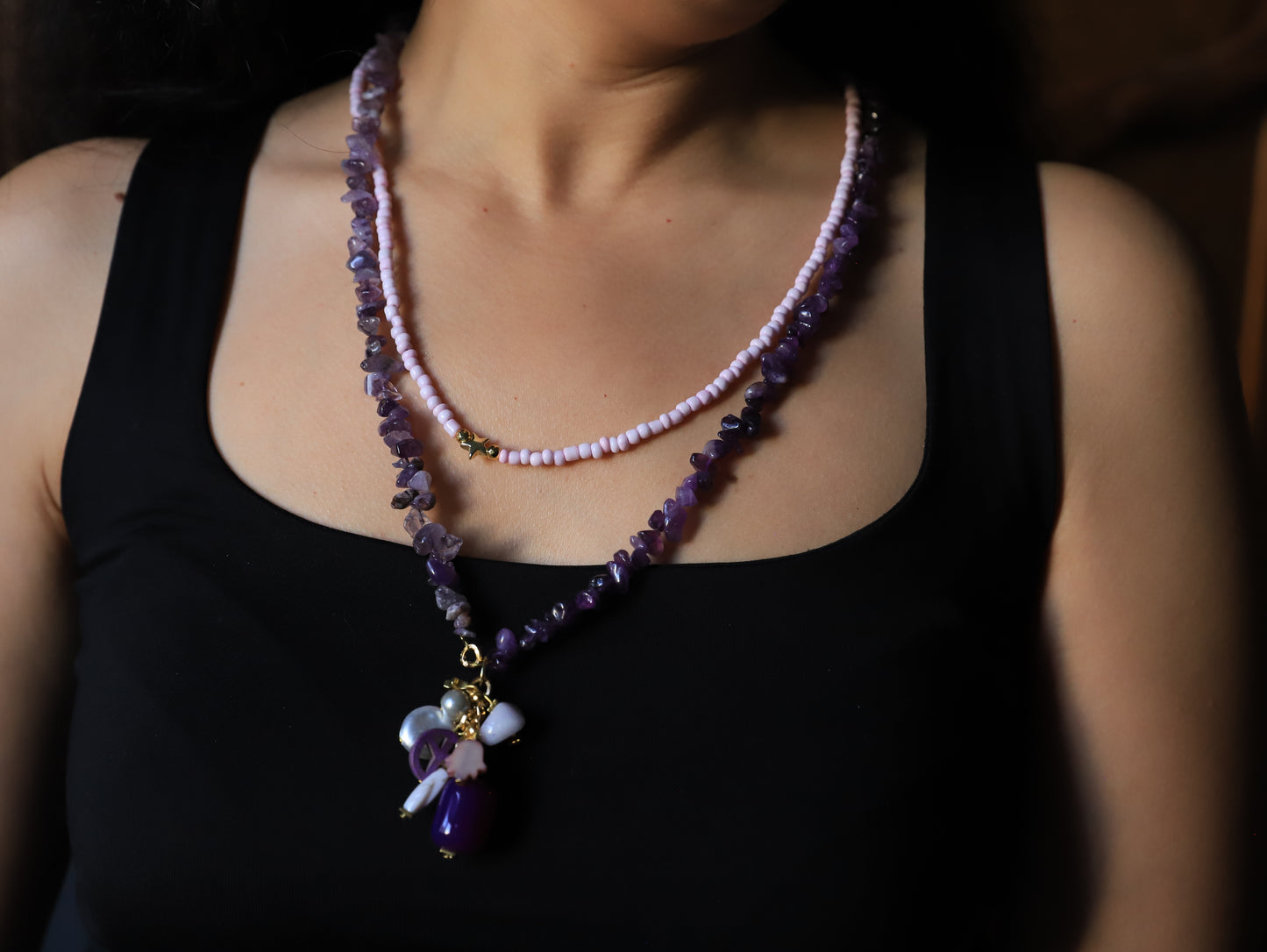 Violet Whisper – Amethyst & Lavender Necklace with Pearl Cluster Pendant
