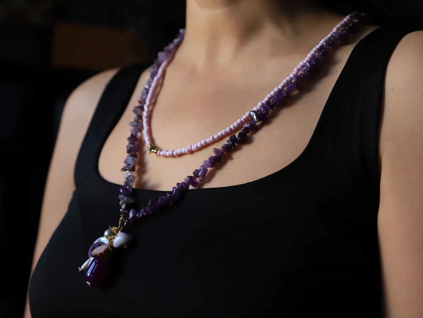 Violet Whisper – Amethyst & Lavender Necklace with Pearl Cluster Pendant