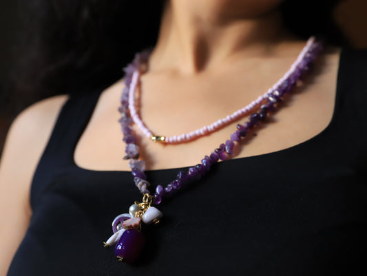 Violet Whisper – Amethyst & Lavender Necklace with Pearl Cluster Pendant