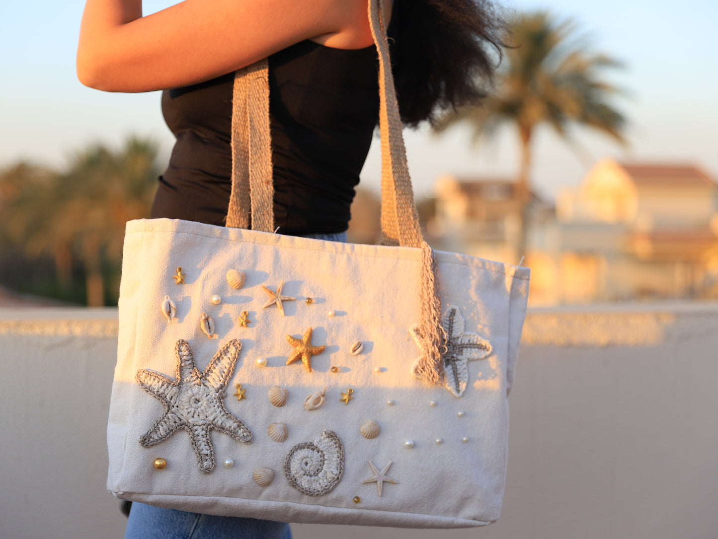 Sea Breeze – Handmade Canvas Tote with Starfish & Shell Embellishments