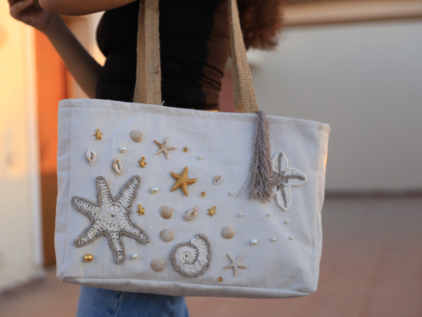 Sea Breeze – Handmade Canvas Tote with Starfish & Shell Embellishments