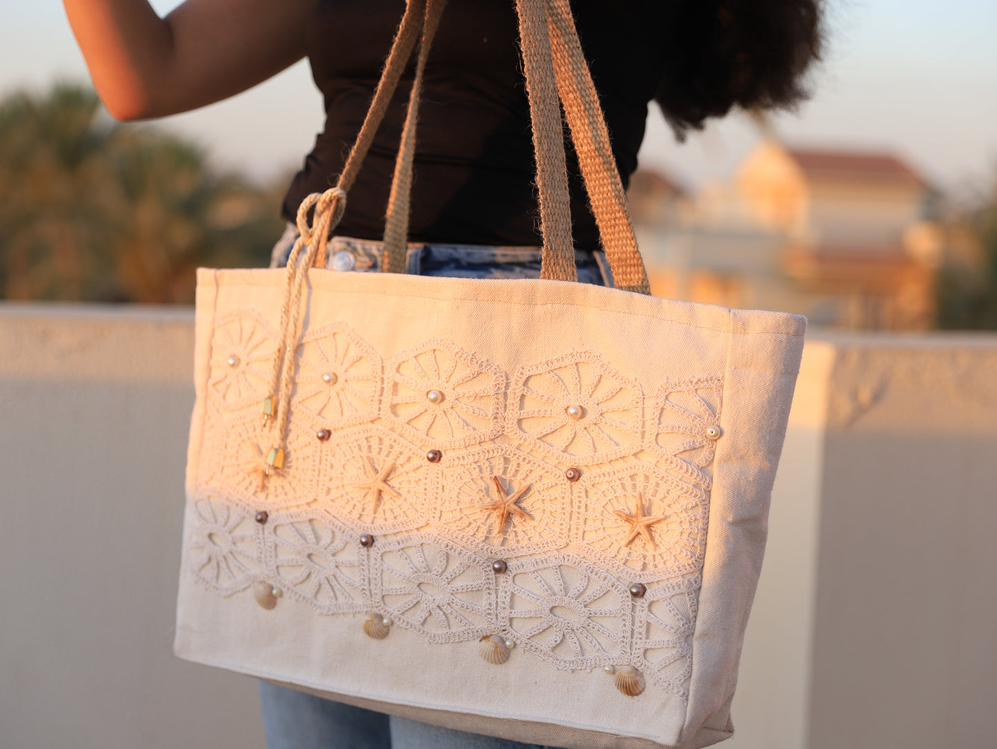 Coastal Lace – Embroidered Canvas Tote with Shells, Pearls & Crochet Detail