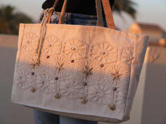Coastal Lace – Embroidered Canvas Tote with Shells, Pearls & Crochet Detail