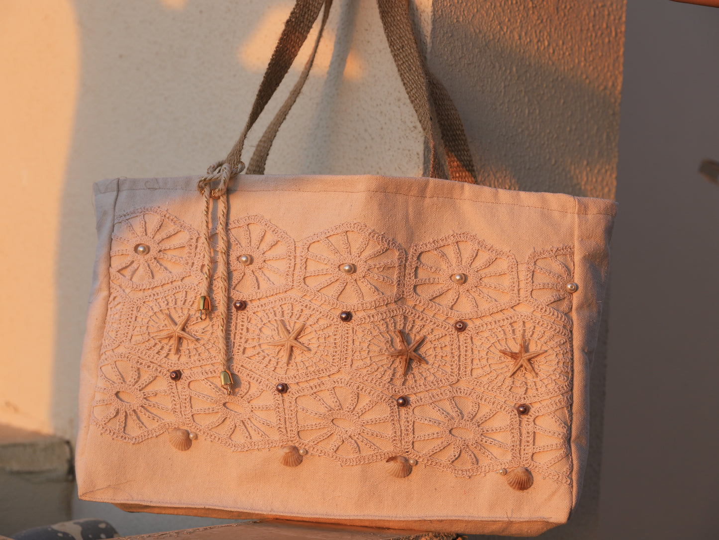 Coastal Lace – Embroidered Canvas Tote with Shells, Pearls & Crochet Detail