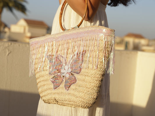 Butterfly Mirage – Sequin Fringe Straw Tote