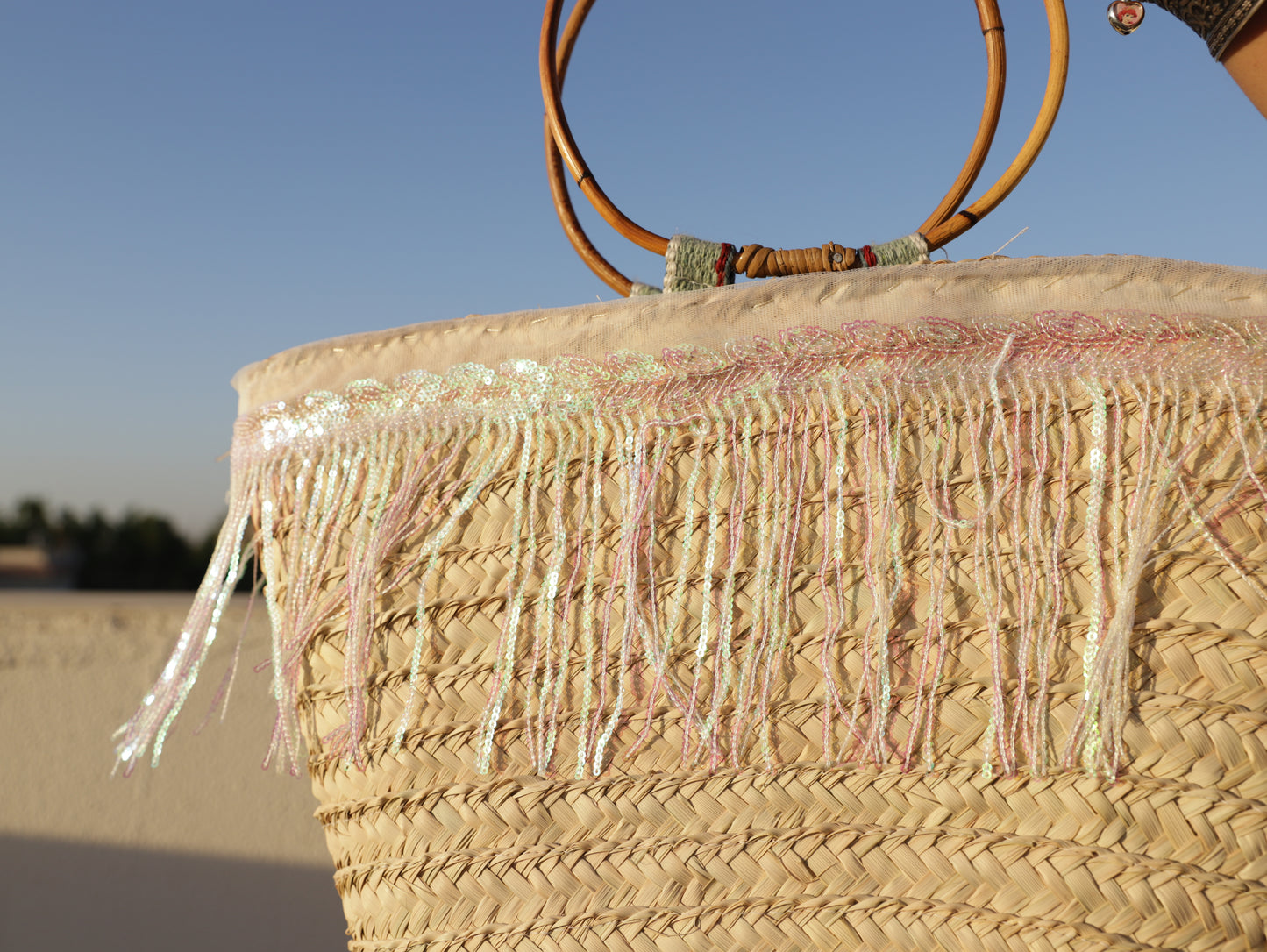 Butterfly Mirage – Sequin Fringe Straw Tote