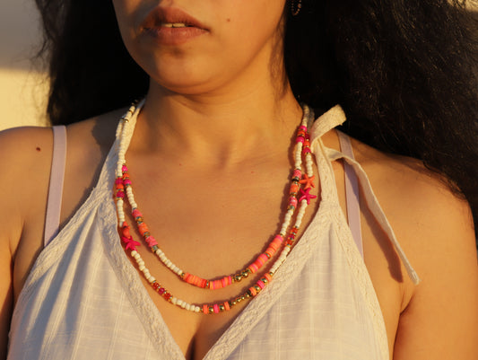 Sunset Glow – Layered Coral & Blush Beaded Necklace