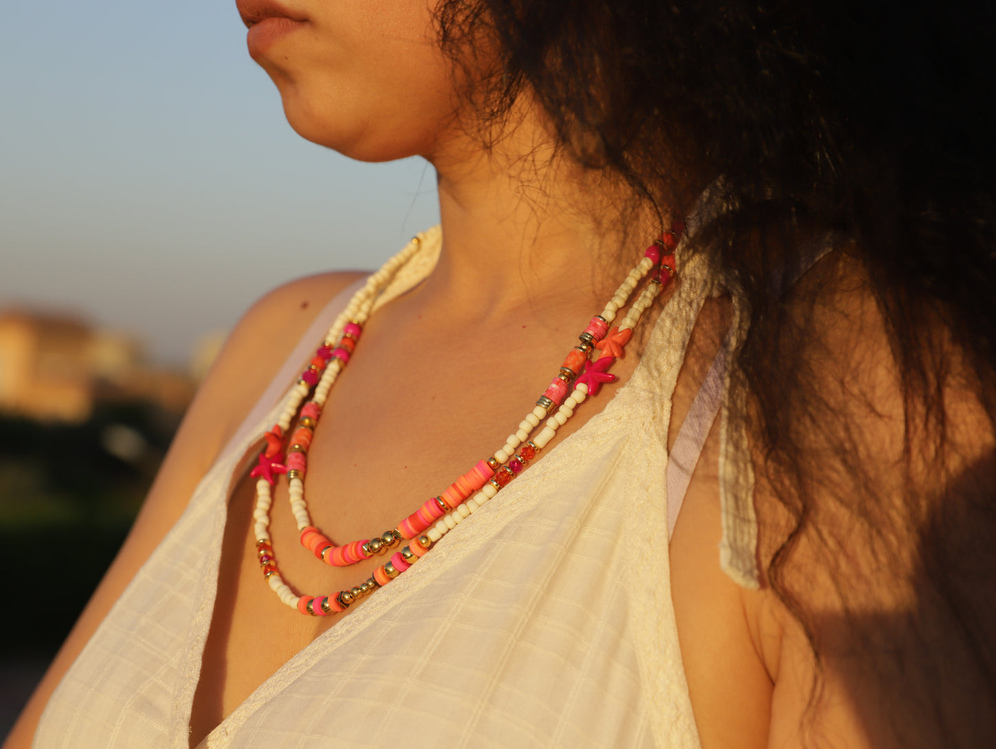 Sunset Glow – Layered Coral & Blush Beaded Necklace