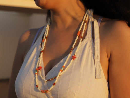 Citrus Spark – Layered Orange & White Beaded Necklace