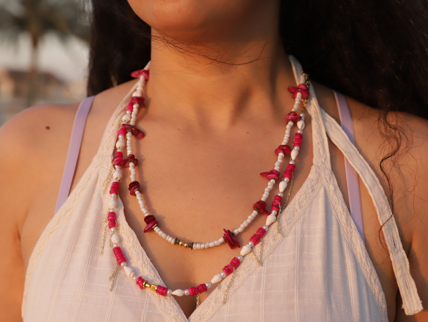 Berry Crush – Layered Raspberry & White Beaded Necklace