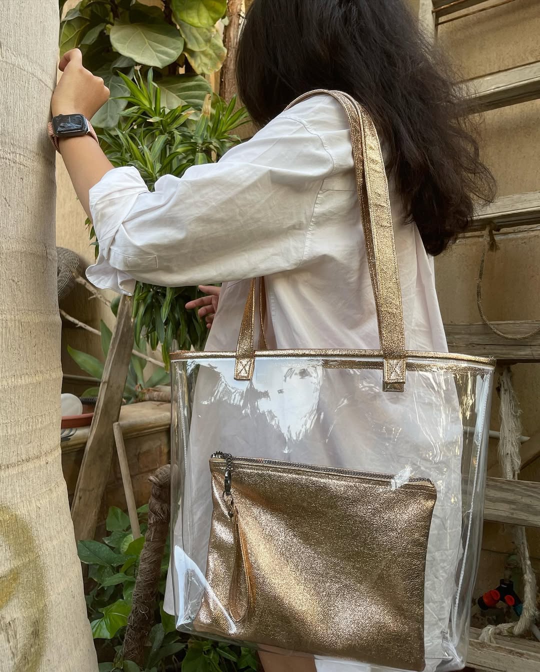 Golden Clear – Transparent Tote Bag with Metallic Gold Pouch