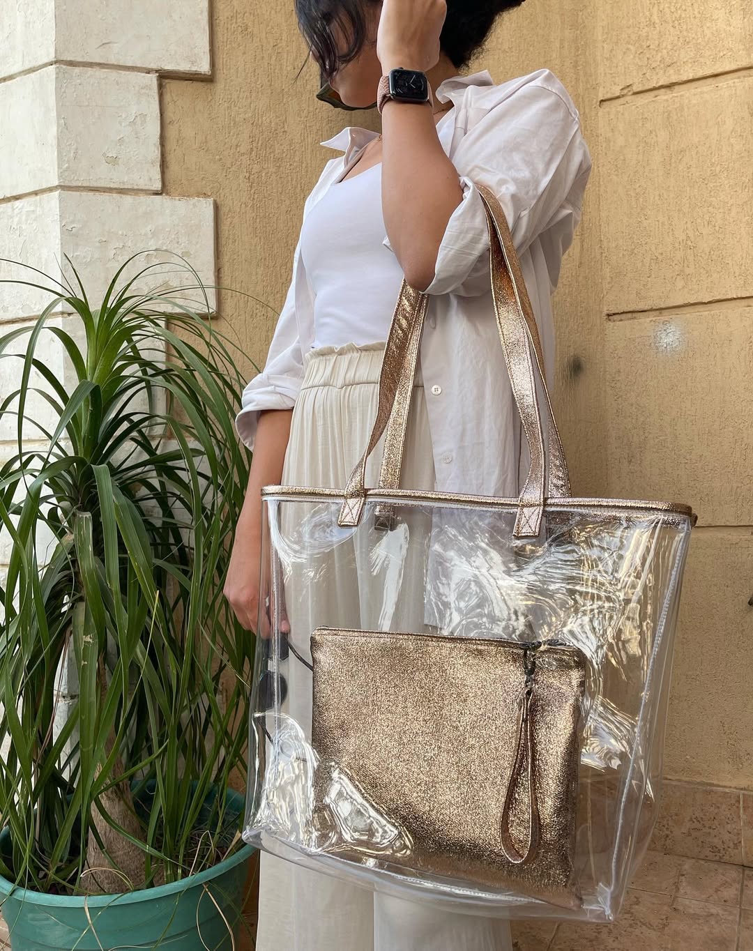 Golden Clear – Transparent Tote Bag with Metallic Gold Pouch
