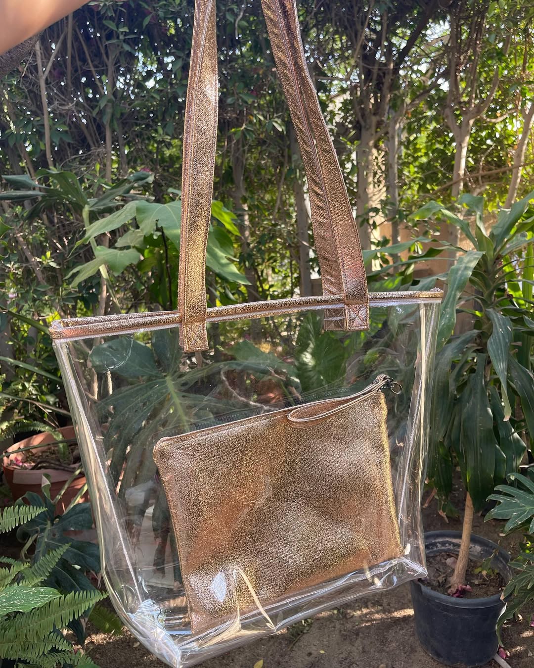 Golden Clear – Transparent Tote Bag with Metallic Gold Pouch