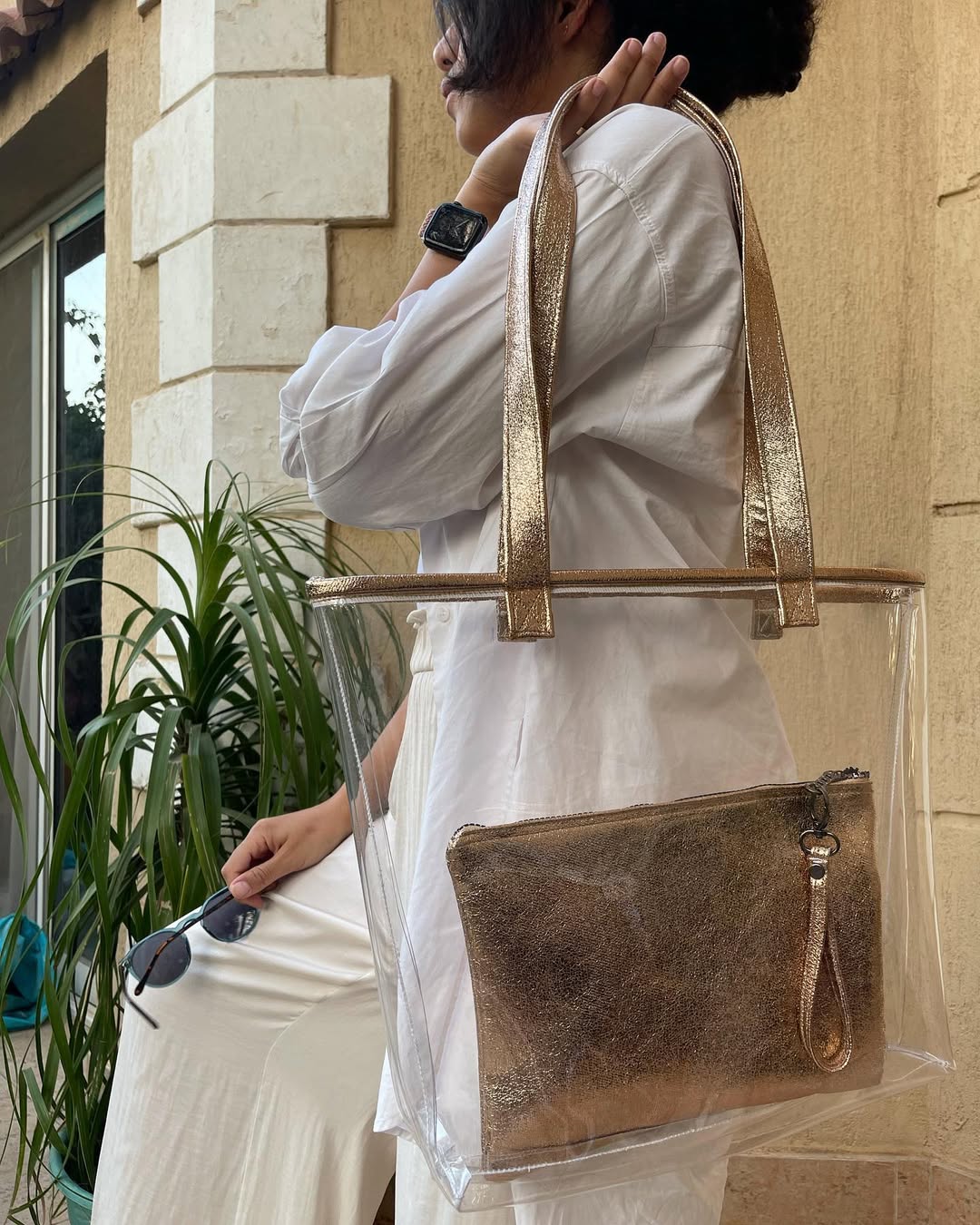 Golden Clear – Transparent Tote Bag with Metallic Gold Pouch