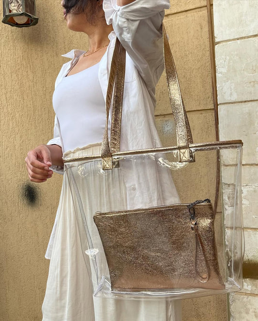Golden Clear – Transparent Tote Bag with Metallic Gold Pouch