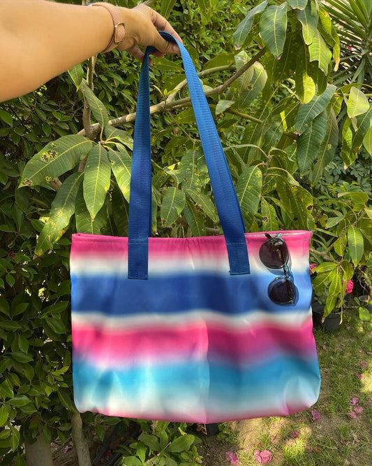 Sunset Stripes – Gradient Beach Tote in Pink, Blue & Aqua