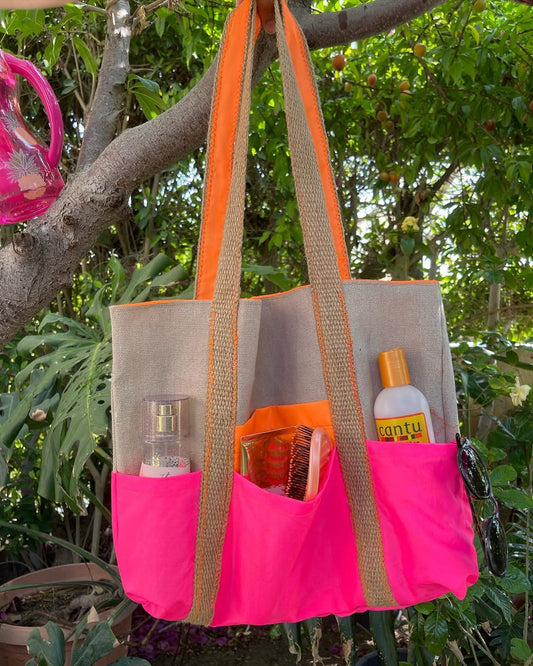 Neon Utility – Canvas Tote Bag with Bright Pink & Orange Pockets