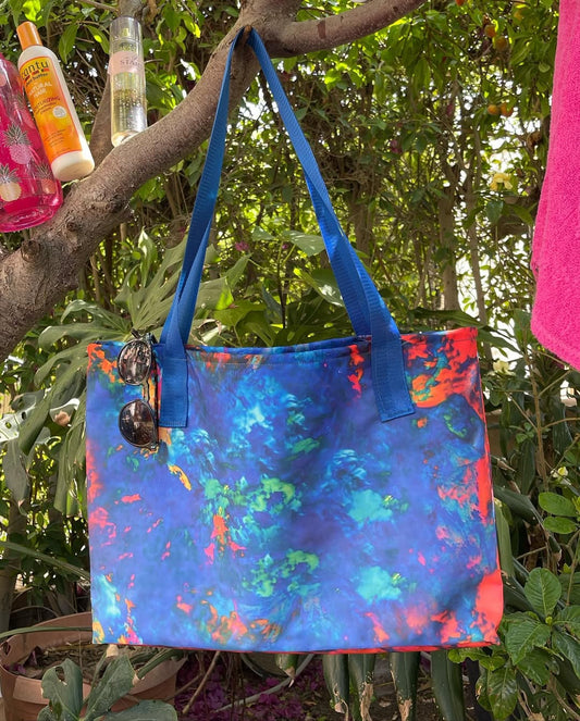 Splash Tote – Bold Multicolor Beach Bag with Blue Straps