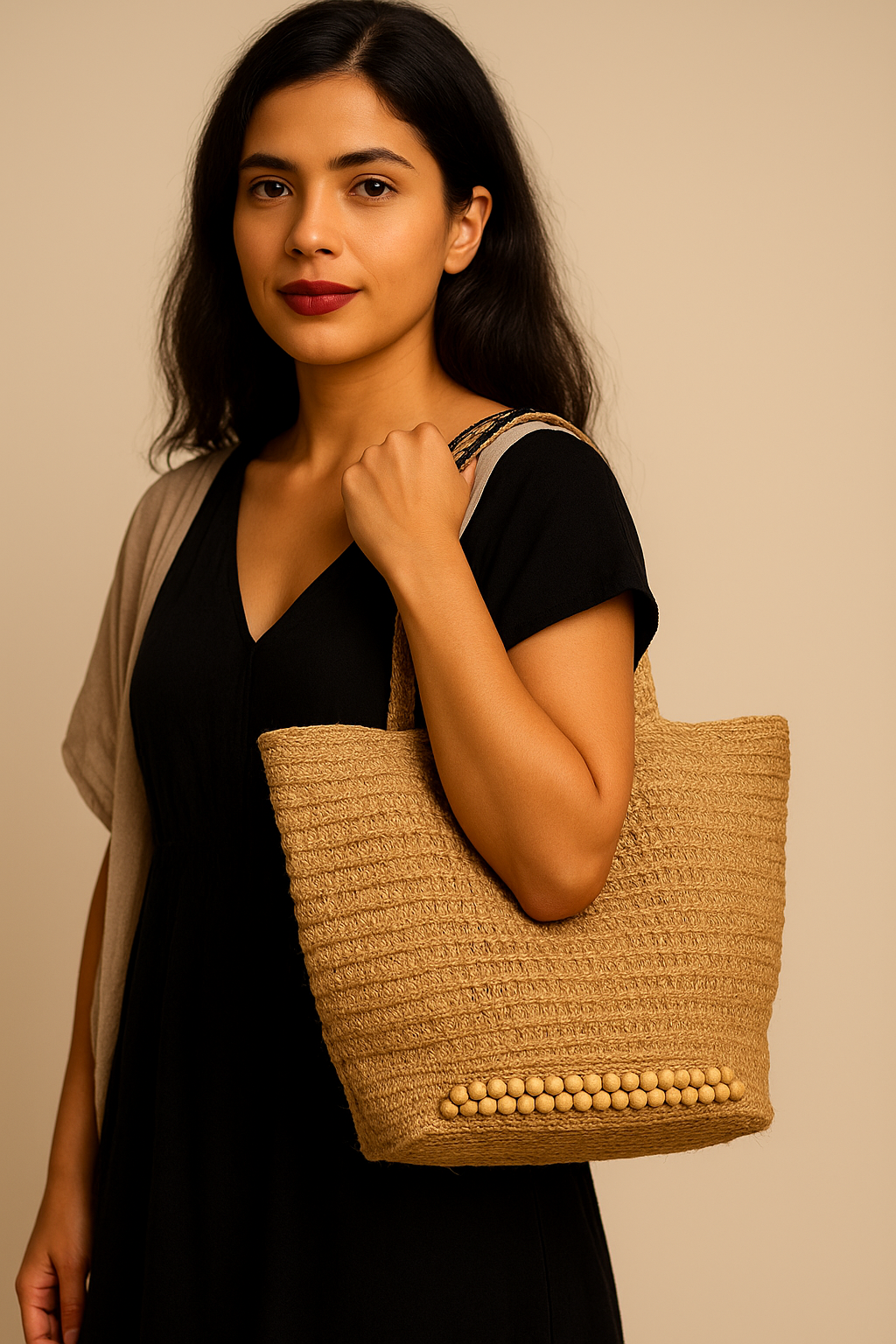 Sunwood Market – Handwoven Natural Jute Tote with Wooden Bead Detail