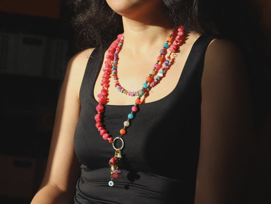 Wild Coral – Long Multicolor Beaded Necklace with Charms & Coral Accents