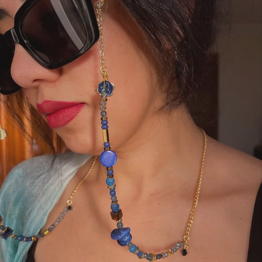 Blue Wave – Beaded Glasses Cord with Gold & Ocean-Inspired Accents