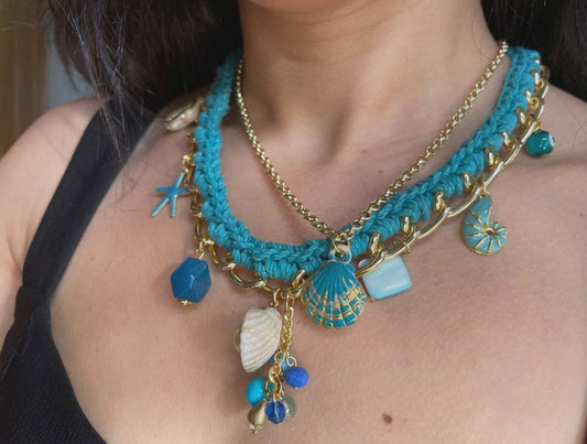 Blue Shore – Turquoise Handwoven Necklace with Shell & Ocean Charms