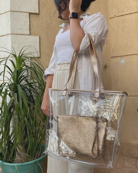 Golden Clear – Transparent Tote Bag with Metallic Gold Pouch