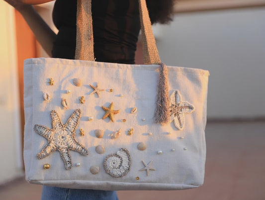 Sea Breeze – Handmade Canvas Tote with Starfish & Shell Embellishments