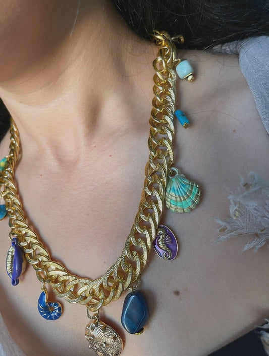 Ocean Treasures – Gold Chain Necklace with Blue & Shell Charms