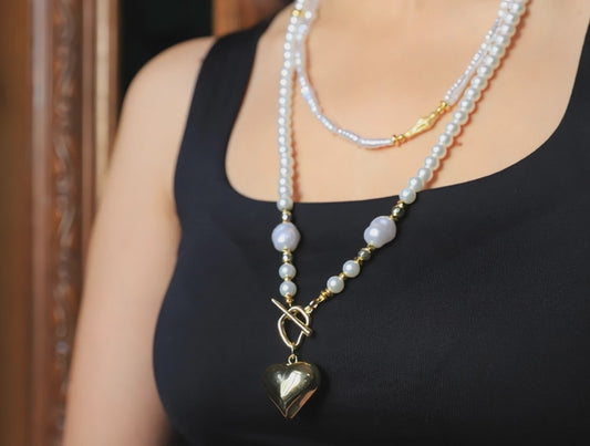 Golden Heart – Pearl Necklace with Bold Gold Heart Pendant