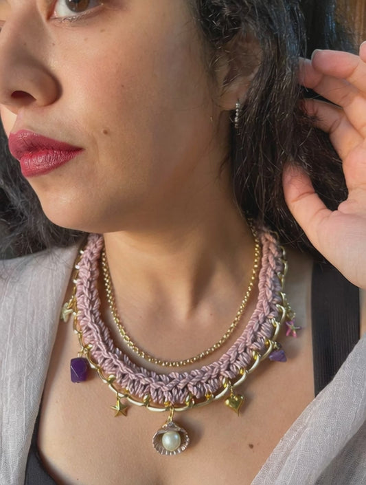 Shell Dreams – Handwoven Necklace with Star Charms & Pearl Shell