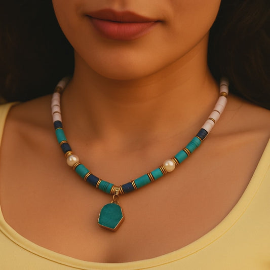 Ocean Gem – Colorful Beaded Necklace with Turquoise Stone Pendant