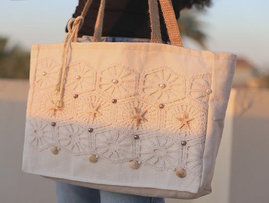Coastal Lace – Embroidered Canvas Tote with Shells, Pearls & Crochet Detail